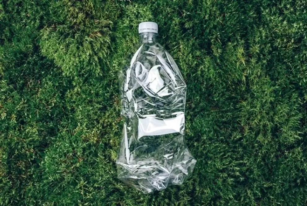 Crumpled plastic bottle lying on green moss, highlighting environmental pollution.